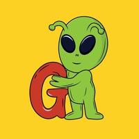 süß Außerirdischer mit G Brief Karikatur Aufkleber Vektor Illustration