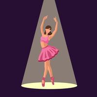 Vektor Illustration klassisch Ballett. kaukasisch Weiß Ballerina im ein Rosa Tutu und pointe Schuh Tänze im das Scheinwerfer auf dunkel lila Hintergrund. schön jung gesichtslos Ballerina im ein eben Stil