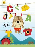 vektor tecknad serie av liten katt på klädstreck med Kläder och alfabet på berg bakgrund
