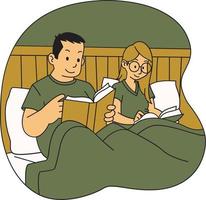 Mann und Frau lesen ein Buch im Bett. eben Vektor Illustration.