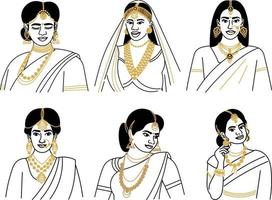 uppsättning av indisk kvinnor i traditionell sari. vektor illustration.
