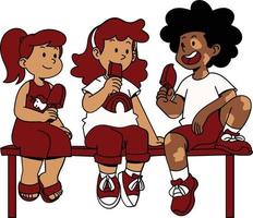 Kinder Sitzung auf Bank und Essen Eis Creme. Vektor Illustration im Karikatur Stil.
