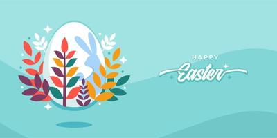glücklich Ostern Banner Hintergrund Poster, Gruß Karte. modisch Ostern Design mit Typografie, Hasen, Blumen, Eier, Hase Ohren, im Pastell- Blau Farbe Hintergrund. vektor