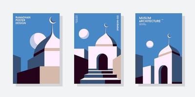 minimal Moschee die Architektur Poster einstellen Sammlung. Vektor Illustration geometrisch Stil bunt islamisch Ramadan kareem Banner, Poster Design.