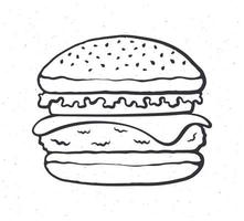 Gekritzel Illustration von groß Burger mit Käse, Tomate und Salat vektor