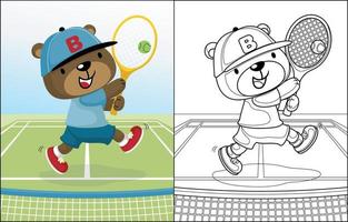 Vektor Karikatur von süß Bär spielen Tennis, Färbung Buch oder Seite