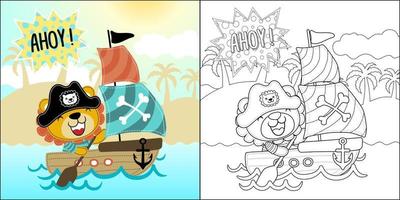 vektor tecknad serie av söt lejon i pirat kostym på segelbåt, färg bok eller sida