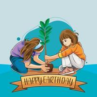 Lycklig jord dag med en systrar plantering en träd växt vektor illustration fri ladda ner