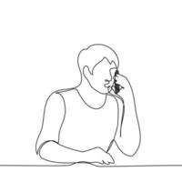 Mann reden auf das Telefon Sitzung beim das Tabelle - - einer Linie Zeichnung Vektor. das Konzept Telefon Konversation vektor
