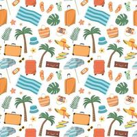 strand semester objekt sömlös mönster. bagage, tropisk träd och Övrig. resa och turism platt vektor illustration. isolerat på vit bakgrund.