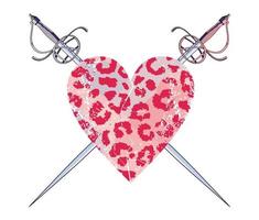 T-Shirt Design von ein Herz mit Tier drucken und zwei gekreuzt mittelalterlich Schwerter. vektor
