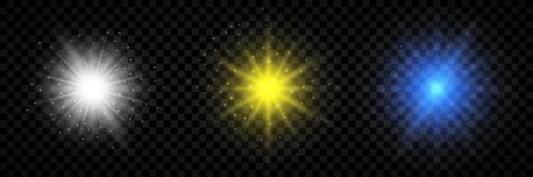 ljus effekt av lins bloss. uppsättning av tre vit, gul och blå lysande lampor starburst effekter med pärlar vektor