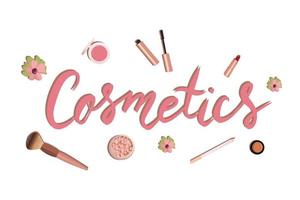 Illustration von ein einstellen von Kosmetika - - Lippenstift, errötet, Maskara, bilden Bürste. Netz Seite Banner Vorlage, süß Illustration vektor