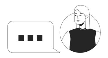 kvinna användare med chatt bubbla svart och vit begrepp vektor fläck illustration. redigerbar 2d platt svartvit tecknad serie karaktär för webb design. meddelandehantering app kreativ linje konst aning för hemsida, mobil