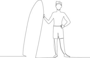 ein Mann Stehen halten ein Surfbrett vektor