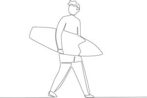 ein Mann Tragen ein Surfbrett auf das Strand vektor