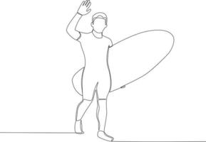 ein Mann Tragen ein Surfbrett winkte zu seine Freund vektor