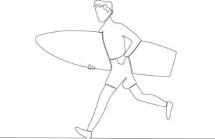 ein Mann Laufen mit ein Surfbrett vektor