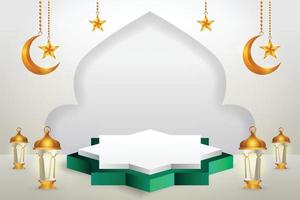 3D-produkt visar grönt och vitt podium-tema islam med halvmåne, lykta och stjärna för ramadan vektor