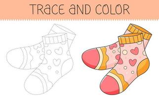 Spur und Farbe Färbung Buch mit Socken zum Kinder. Färbung Seite mit Karikatur Socken. Vektor Illustration.