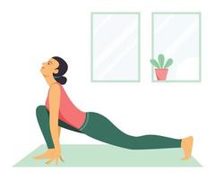 Frau trainiert Yoga zu Hause. vektor