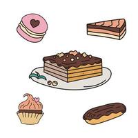 Kuchen, Makronen, Cupcake, Eclair mit Creme, Schokolade. Gekritzel Vektor Illustration. Süßigkeiten Konzept.