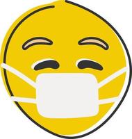 emoji med medicinsk mask. uttryckssymbol gul ansikte bär kirurgisk mask. hand ritade, platt stil uttryckssymbol. vektor