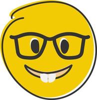 Nerd Emoji. Emoticon mit transparent Gläser, komisch Gelb Gesicht mit schwarz umrandet Brille. Hand gezeichnet, eben Stil Emoticon. vektor