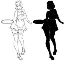 Anime Kellnerin Linie Kunst und Silhouette vektor