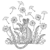 Katze und Blume auf weißem Hintergrund. handgezeichnete Skizze für Malbuch für Erwachsene vektor