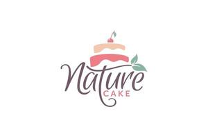Natur Kuchen Logo mit ein Kombination von ein Kuchen, Blätter, und schön Beschriftung. vektor