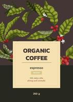 vektor illustration begrepp av reklam kaffe med grenar och bär av kaffe träd i tecknad serie stil. vertikal baner eller förpackning design för kaffe bönor eller jord