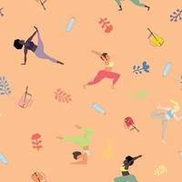 sömlös mönster med Lycklig internationell överdimensionerad kvinnor i yoga positioner. sporter och hälsa kropp positiv begrepp för vykort, tyg, textil, t-shirt aktiva livsstil vektor