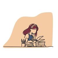 Frau lesen ein Buch. Mädchen Sitzung beim das Tabelle mit ein Stapel von Bücher. Karikatur Vektor Illustration.