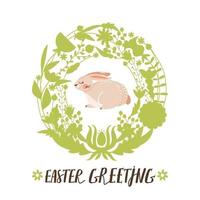 glücklich Ostern Gruß Karte. Frühling floristisch Kranz, Hase und Beschriftung. Vektor Illustration zum Karte, Einladung, Poster, Flyer usw.
