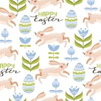 Ostern nahtlos Muster mit süß Hasen, Ei, Blumen, Blätter und Beschriftung. Textur zum Textil, Postkarte, Verpackung Papier, Verpackung usw. Vektor Illustration.