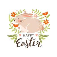 Lycklig påsk hälsning kort med söt kanin, blommor, löv och text. kaniner på en blommig bakgrund. vektor illustration för kort, inbjudan, affisch, flygblad etc.
