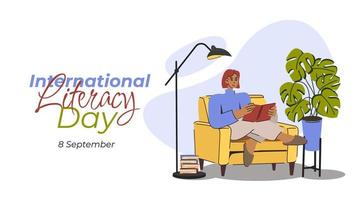 Alphabetisierung Tag und Bücher. Mädchen im ein gemütlich Stuhl liest ein Buch. Banner Konzept. Vektor Illustration