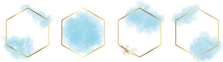 hexagonal ram med abstrakt stänk av ljus blå vattenfärg borsta stroke för logotyp, baner, kort, omslag, flygblad och affisch, vattenfärg stroke med guld hexagonal ram vektor