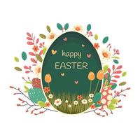 påsk illustration med blommor, påsk ägg , löv, hälsning inskrift, Lycklig påsk, bakgrund, baner, säsong- kort, vår, vektor