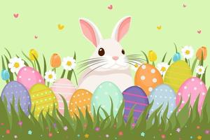 Ostern Illustration mit ein Kaninchen, Blumen, Ostern Eier, Hintergrund, Banner, saisonal Karte, Frühling, Vektor