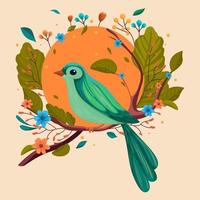 illustration med skön fågel och blommor, löv, natur, abstrakt blad mönster, illustration, vår illustration vektor