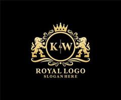 första kw brev lejon kunglig lyx logotyp mall i vektor konst för restaurang, kungligheter, boutique, Kafé, hotell, heraldisk, Smycken, mode och Övrig vektor illustration.