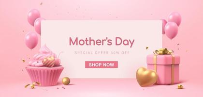 3d baner mall designad med kopp kaka, ballonger och gåva låda. minimal rosa bakgrund lämplig för mors dag och hjärtans dag. vektor