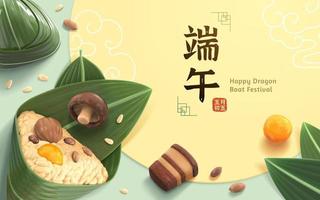 topp se av zongzi och Ingredienser spridd på de skrivbord. baner för Duanwu festival i 3d stil. kinesisk översättning, drake båt festival på de 5:e dag av de femte lunar månad vektor