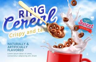 realistisk choklad ringa flingor faller in i en kopp från en sked med en stänk av mjölk på blå himmel bakgrund. 3d illustration av Krispig och gott ringa flingor annons baner vektor