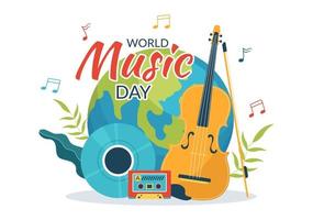 Welt Musik- Tag Illustration mit verschiedene Musical Instrumente und Anmerkungen im eben Karikatur Hand gezeichnet zum Veröffentlichung Poster oder Landung Seite Vorlagen vektor