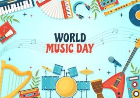 värld musik dag illustration med olika musikalisk instrument och anteckningar i platt tecknad serie hand dragen för offentliggörande affisch eller landning sida mallar vektor