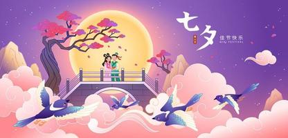 Qixi Festival Banner. Illustration von Kuhhirte und Weber Mädchen Treffen auf Brücke mit Blau Elster fliegend durch. Chinesisch Übersetzung, Qixi Festival, Chinesisch Valentinsgrüße Tag vektor