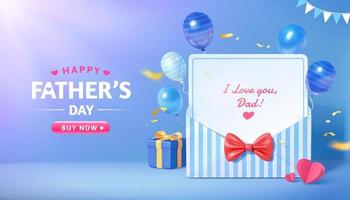 3d Verkauf Promo Banner zum glücklich Vaters Tag. Layout Design von Blau Streifen Briefumschlag mit fliegend Ballon Dekorationen. Konzept von Dankbarkeit zum Väter. vektor